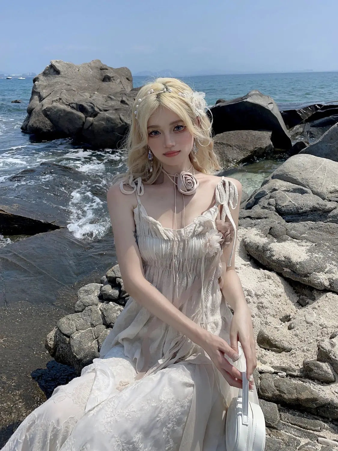 Rose bustier and halter top for women irregular bustier skirt set super fairy retro country style design sense summer 2024