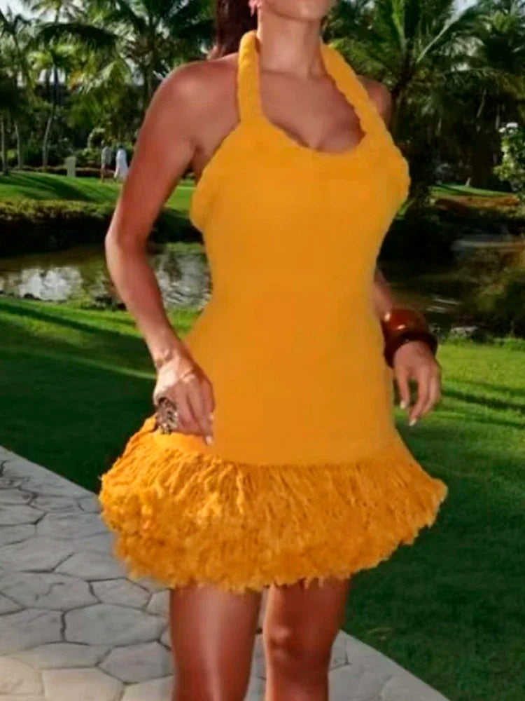 Orange Tassel Sexy Backless Fleece Winter Dresses Women Autumn Fashion Handmade Woven Twists Halter Mini Party Prom Dress