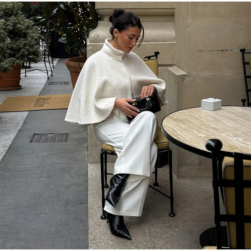 Elegant Cloak Women Loose High Neck A Line Hidden Button Coats Female 2025 Spring New Fashion Solid Soft Chic Cloaks Lady