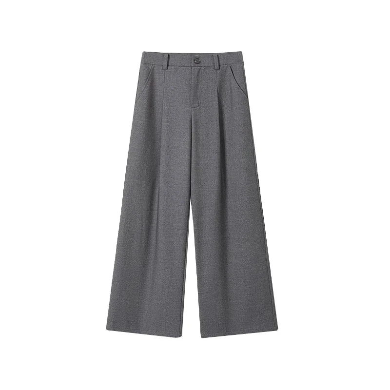 Women Pleated Front Gray Wide Leg Suit Pants Vintage High Rise Pockets Loose Solid Draped Long Trousers Work Casual Clothes