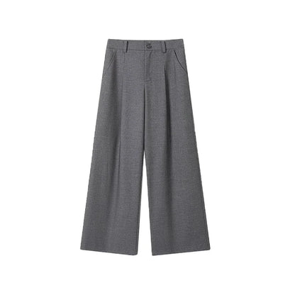 Women Pleated Front Gray Wide Leg Suit Pants Vintage High Rise Pockets Loose Solid Draped Long Trousers Work Casual Clothes