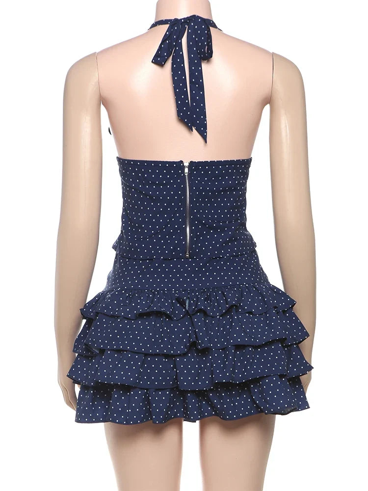 Low-Neck Polka Dots Women Two-Piece Set Halter Sleeveless Backless Mini Top+Multi-Layered Ruffles Sweet Bottoms Suits