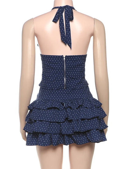 Low-Neck Polka Dots Women Two-Piece Set Halter Sleeveless Backless Mini Top+Multi-Layered Ruffles Sweet Bottoms Suits