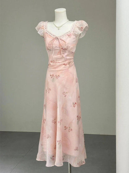 French Holiday Style Sweet Summer Dresses Women New Fashion Floral Pink Chic Long Dress Female Elegant Korean Popular Clothes