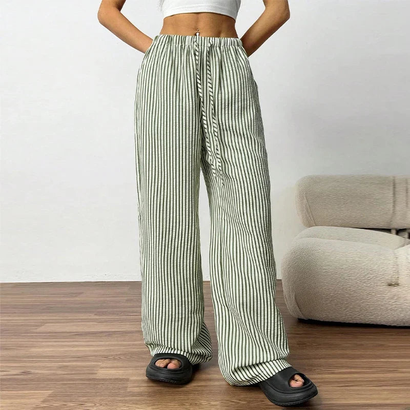 Striped Drawstring Wide Leg Pants Elastic Waist Lightweight Trousers for Summer Office Casual Vacation Wear Women Slack