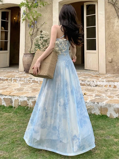 Holiday Beach Vintage Printed Backless Long Blue Dress Women Summer Spaghetti Strap Elegant Fairy Dress Evening Party Dresses