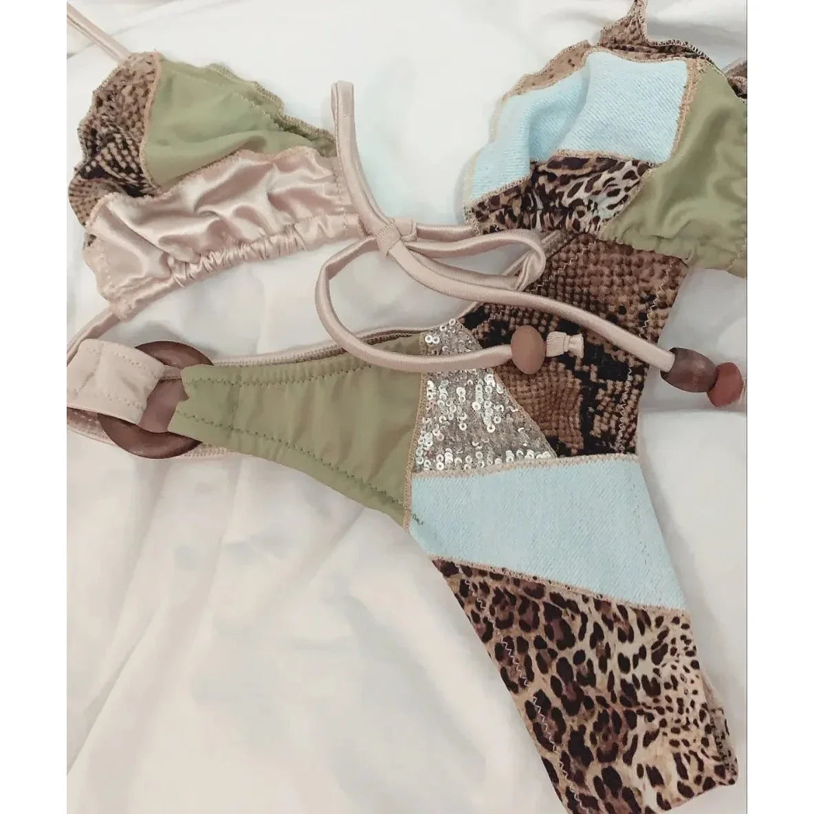 Patchwork Swimsuit Print Bikini Swimwear Swimsuit Women Separates Bead Swimwear Two Piece Side Straps Swimsuit Bathing Suit