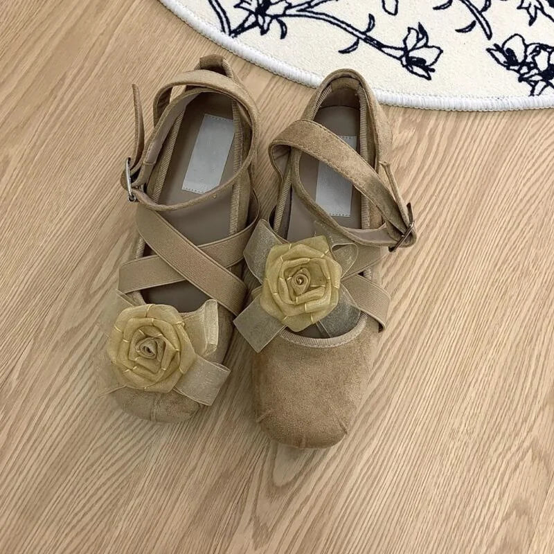 New Fashion Flower Square Toe Shallow Shoes Women Buckle Vintage Suede Autumn Women's Party Comfort Ballerinas Shoes