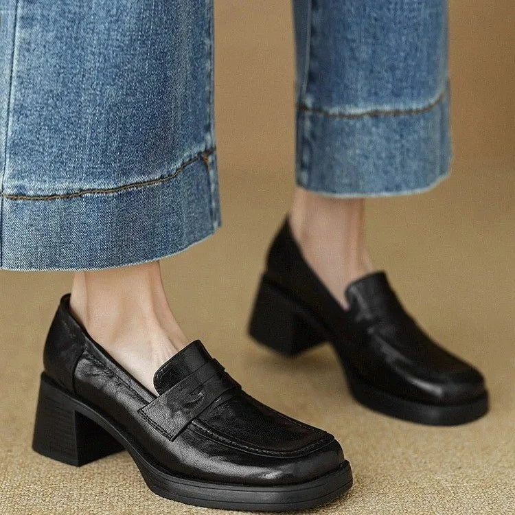 Thick Square with Single Shoe Women's Vintage French Sheepskin Loafers Vintage High-heeled Small Leather Shoes