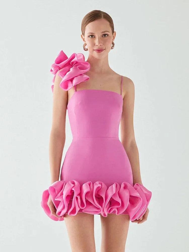 Square Neck One Shoulder Sculptural Ruffle Trim Flared Hem Mini Dress