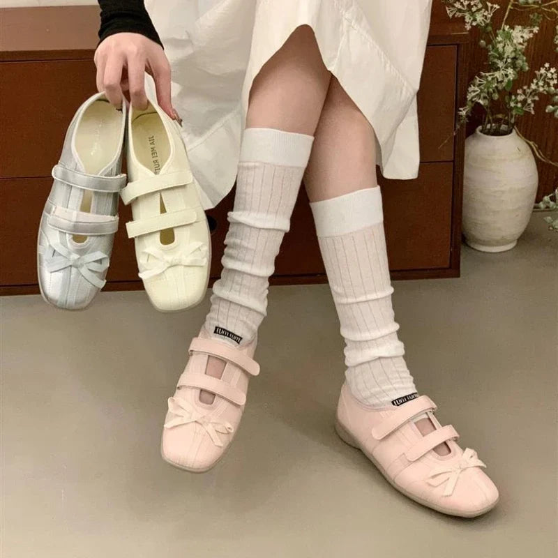 Sweet Pink Bow Ballet Flats Women Fashion Double Narrow Band Design Brand Mary Jane Shoes Comfort Round Toe Shallow Casual Shoes