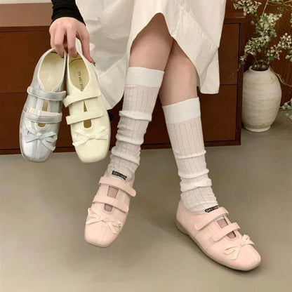 Sweet Pink Bow Ballet Flats Women Fashion Double Narrow Band Design Brand Mary Jane Shoes Comfort Round Toe Shallow Casual Shoes