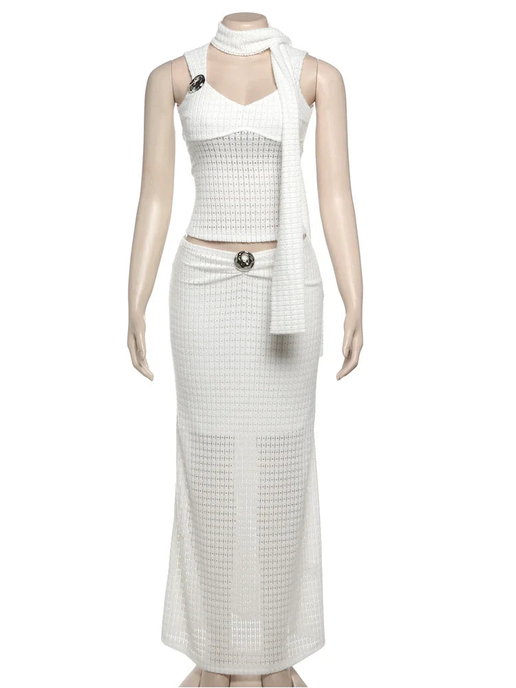 Elegant Sequined Patchwork 3 Piece Set Women Basic Scarf+Square Collar Tank Tops+Ruched Long Skirt Matching Trend Suits