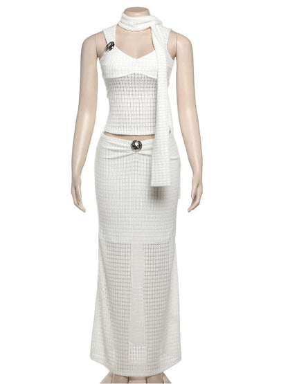 Elegant Sequined Patchwork 3 Piece Set Women Basic Scarf+Square Collar Tank Tops+Ruched Long Skirt Matching Trend Suits