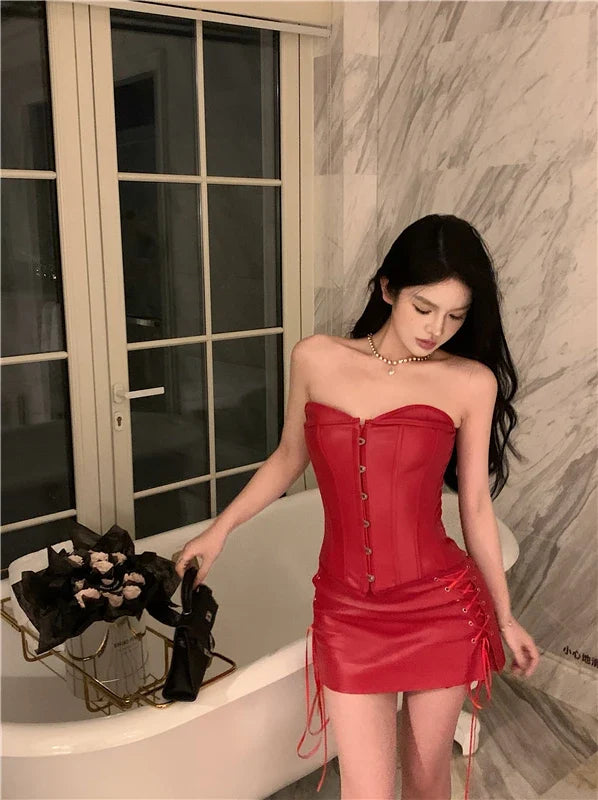 Spicy Girl Red Sexy Bra Vest Women's Summer Set Skirt Tie Up Hip Wrap Skirt Short Skirt Half Two Piece Set