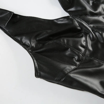 Gothic Halter V-neck Faux Leather Vest Y2K Backless Zipper Black Slim Crop Top Punk Style Women Sexy Tank Camis 90s