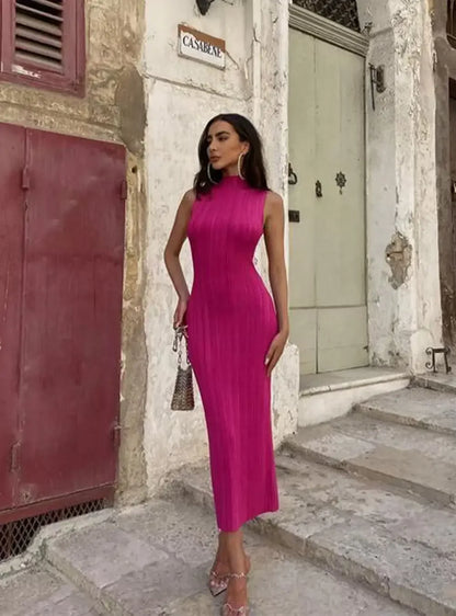 Spring Sleeveless Knitwear Turtleneck Long Dress Female Slim Elegant Fashion Autumn Ribbed Knit Dress For Women Maxi Dress