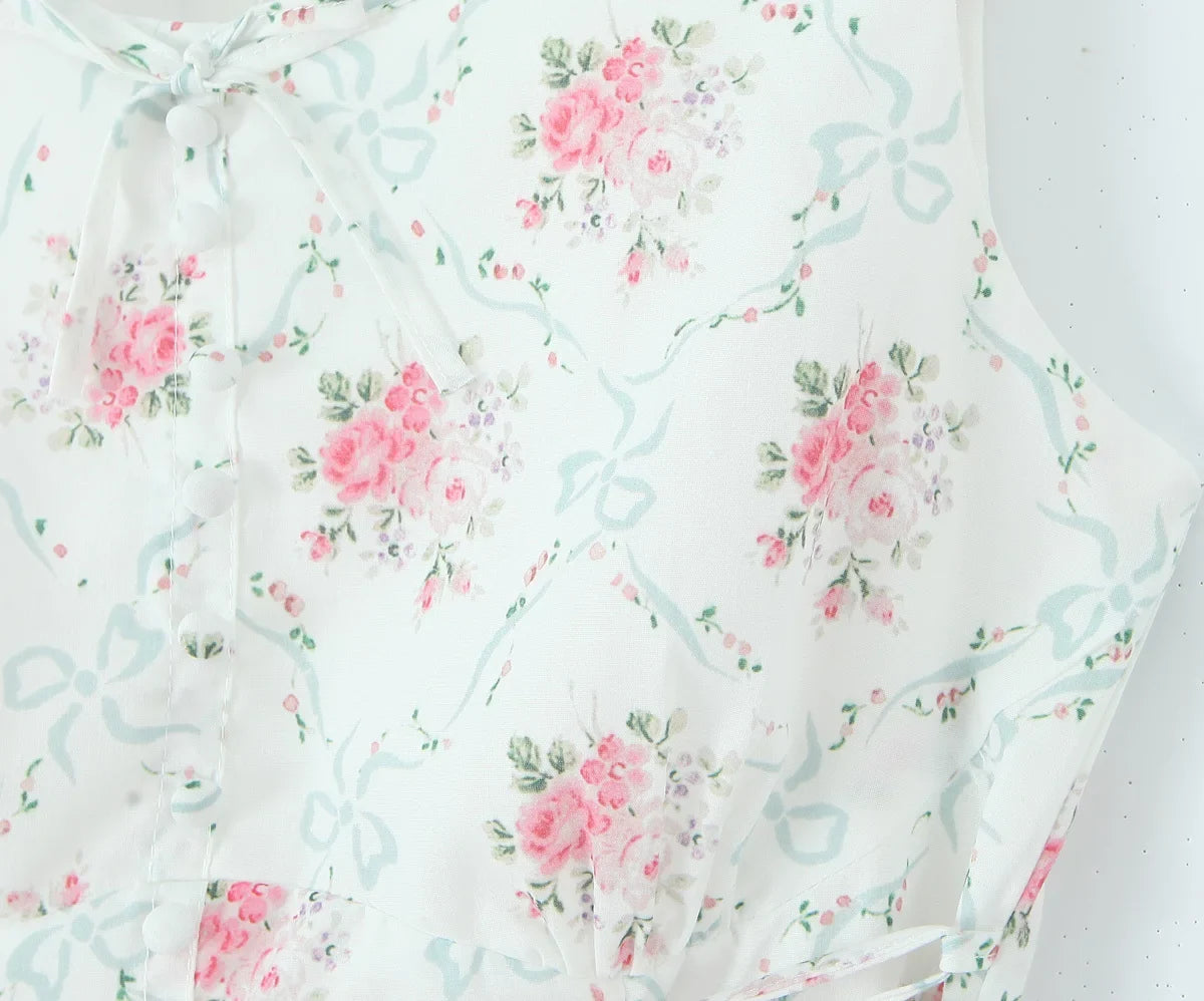 Women Bow O Neck Sleeveless Floral Print Boho Dresses Front Lace Up A-line Midi Summer Dress Chic Lady Holiday Party Robe