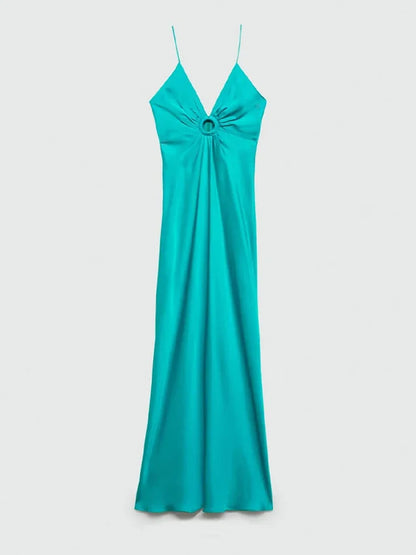 Sexy Satin Deep V Neck Hollow Out slim Long Dress Women Fashion backless High Waist Pleated Sling Robes 2024 Lady Party Vestidos