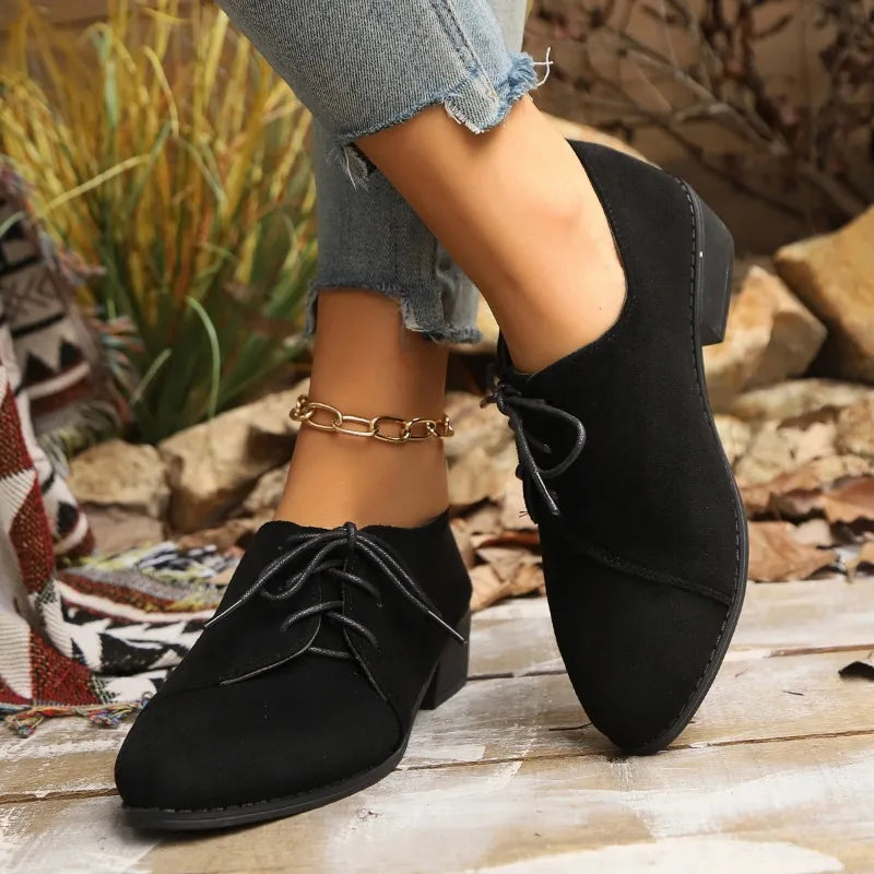 Lace up women's shoes autumn new large pointed 4cm high heels suede medium thick heel comfortable casual women's shoes