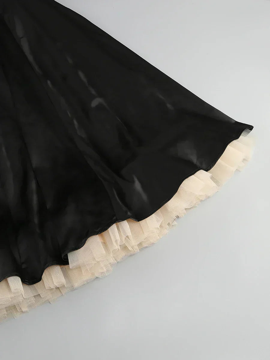 Sweetheart Neck Lace Trim Spaghetti Strap Tulle Hem Fit and Flare Mini Dress