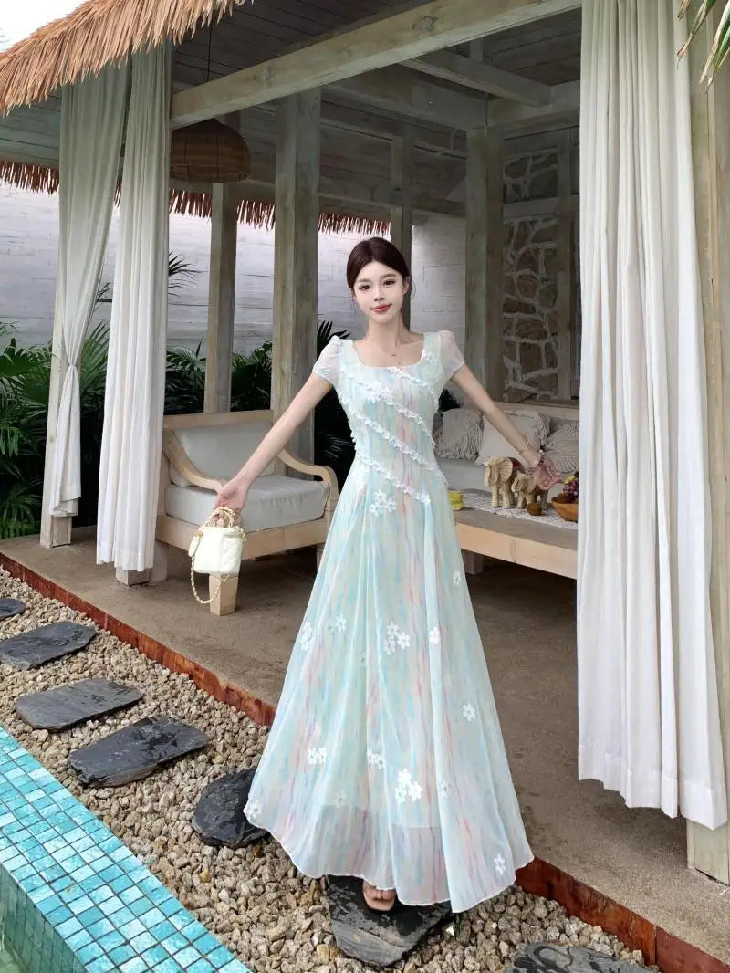 French High-Grade Sweet Dress Women's New Summer Fashion Chic Print Slim Medium Length Pear Shape Evening Dresses