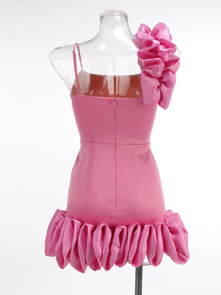 Square Neck One Shoulder Sculptural Ruffle Trim Flared Hem Mini Dress