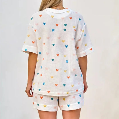 Heart Print Lapel Short Sleeve Top + Shorts Pajamas Loose 100% Cotton Comfortable Women Sets Casual Homewear Sleepwear Outfits