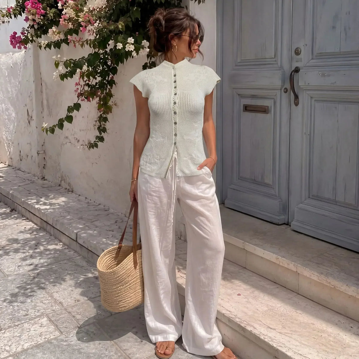 Women's Knitted T-Shirt Fashion Hollow Knitted Button Patchwork Bodycon Top New Casual Commuting Knit Women's Clothing