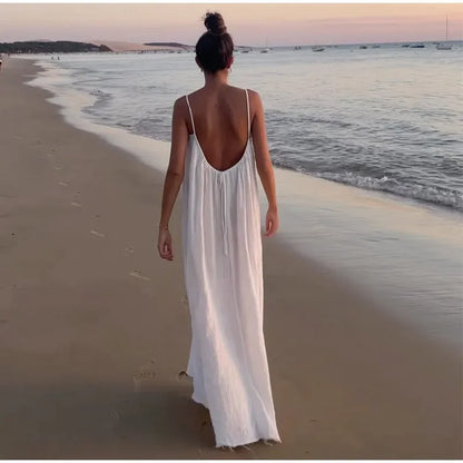 Sexy Backless Women's Side Split Loose Maxi Dress Fashion V-neck Sleeveless Sling Robe Female New Chic Vacation Vestido