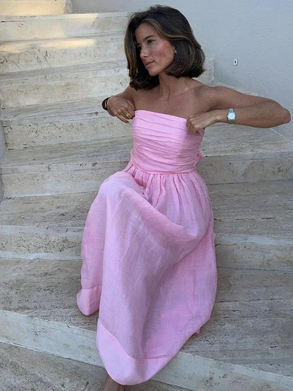 Elegant Pink Strapless Women Cotton Linen Maxi Dress Fashion Backless Sleeveless Pleated Dresses 2024 Sunner Lady Street Robes