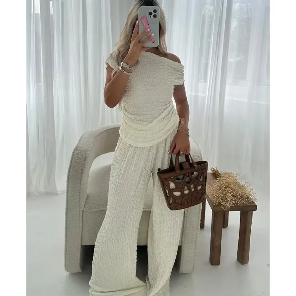 Summer Autumn Elegant Casual 2 Piece Set Women One Shoulder Sleeveless Irregular Tops Loose Pants Vacation Beach Streetwear