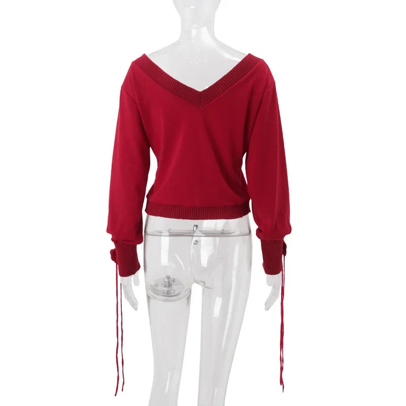 Crochet Flower Tassel Knitted Women's Pullover V-neck Long Sleeve Solid Color Sweater Fashion Casual Loose Retro Women Sweaters