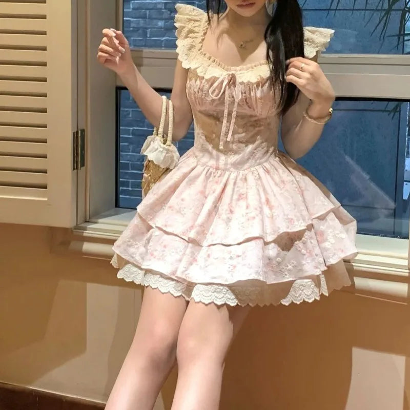 Dresses Women Sweet Floral Printed Flying Sleeve Square Collar Slim Lace Patchwork Ruffles Bandage Party Mini Dress