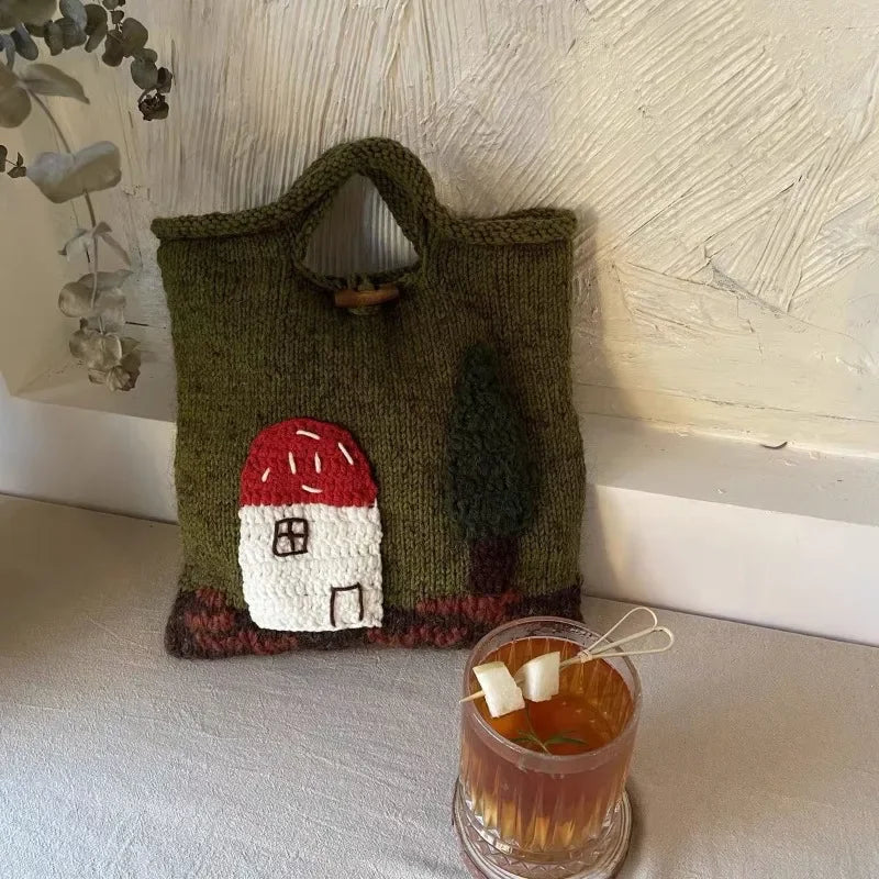 Cartoon Knitted Kawaii Girls Top-Handle Bags Japanese Sweet Y2k Aesthetic Vintage Handbags All Match Women Casual Cute Purses