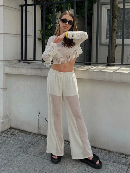 Mesh See Through Tassels Crop Top Pants Sets Women Long Sleeve O-neck Pullover Straight Trousers Suits 2025 Summer Holiday Set