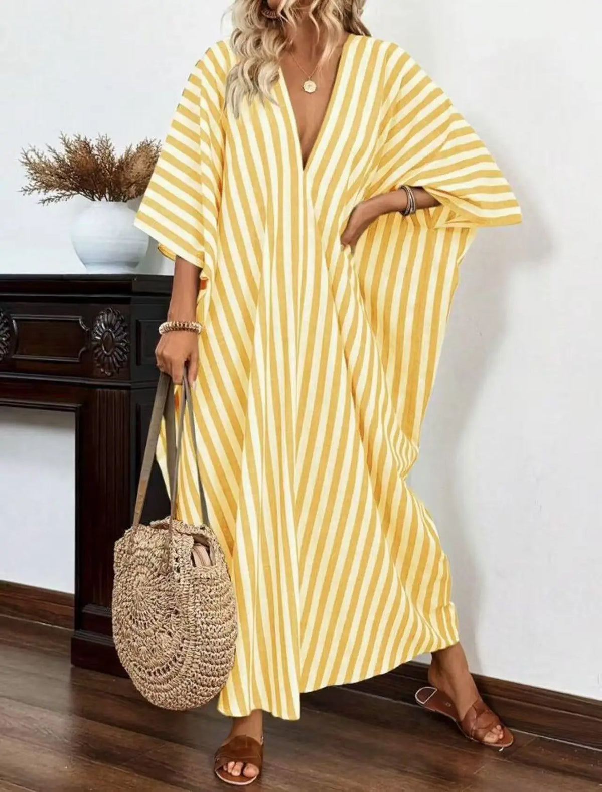 Summer New Fashion Loose Casual V-neck Striped Long Dress