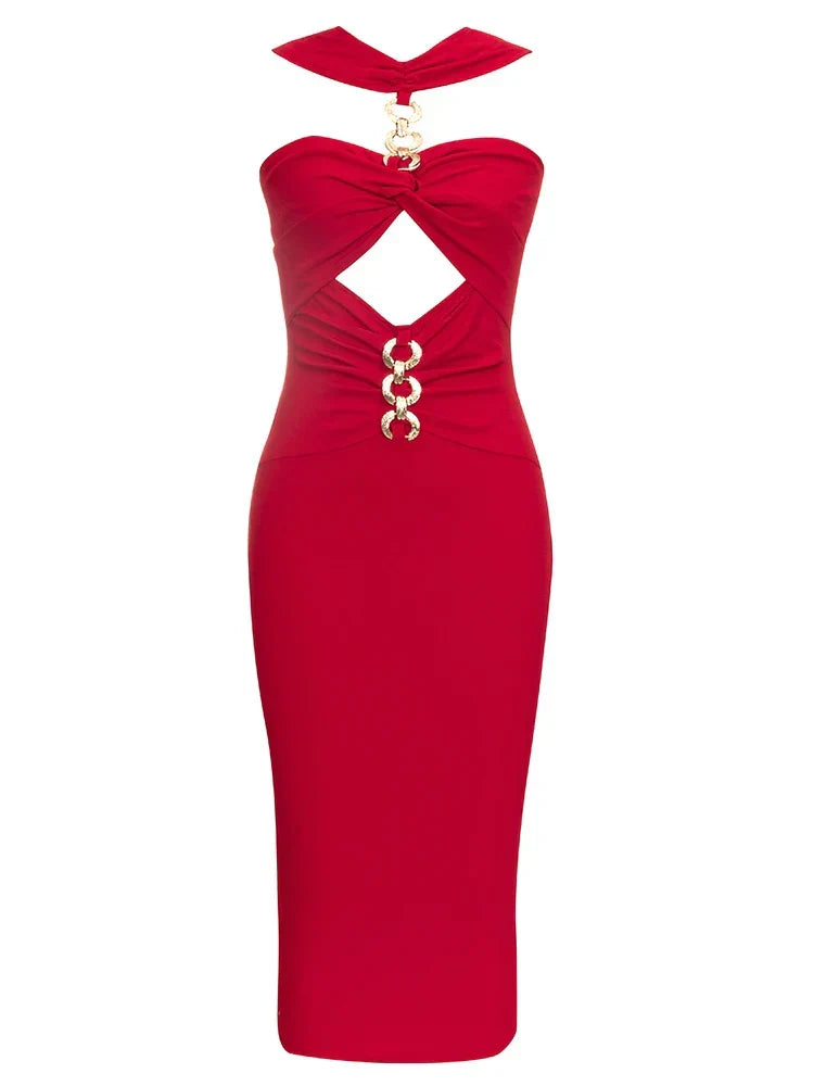 Chain Ring Hardware Halter Cutout Ruched Waist Bandage Midi Dress