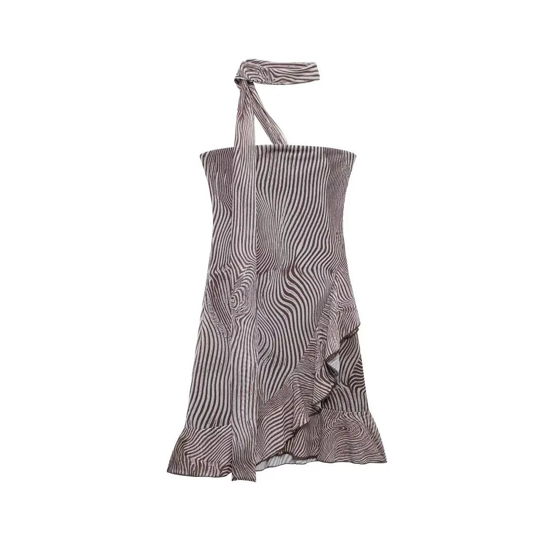 Woman Sexy Backless Halter Neck Beach Party Mini Dress 2024 Women FashionWavy Pattern Print Ruffle Strapless Dress