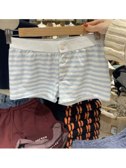 Casual Women Fashion Front Buttons Blue Striped Printed Shorts Summer Vintage High Elastic Waist Female Chic Bottoms