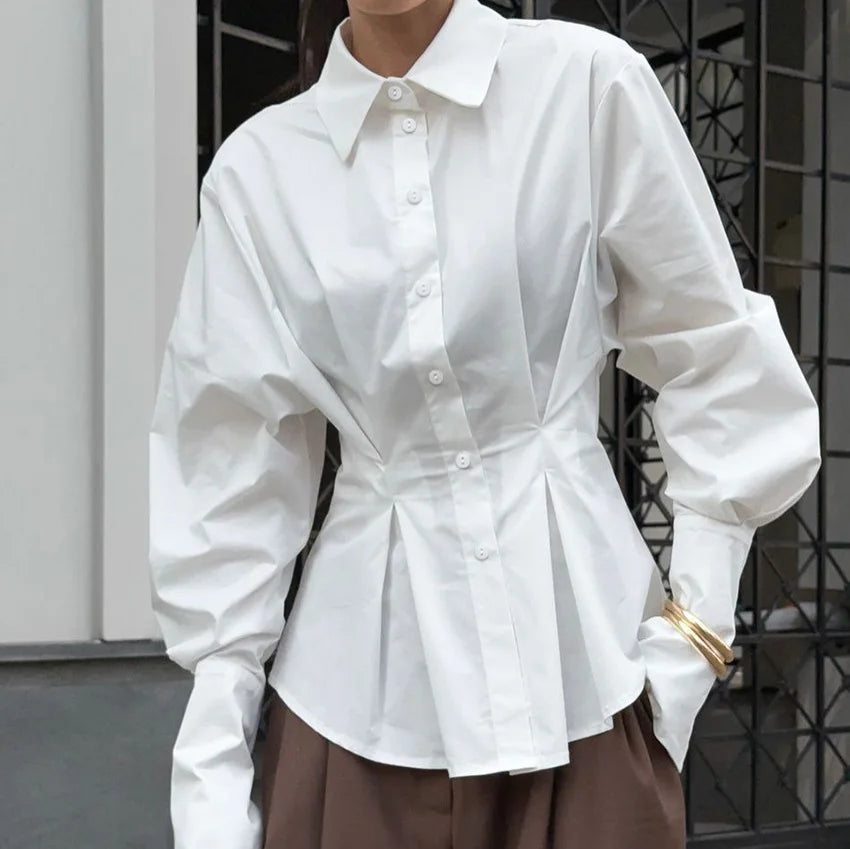 Pure cotton shirt for women, high-end, light luxury, versatile, pleated, waist cinching, slim fit, long sleeved, lapel shirt