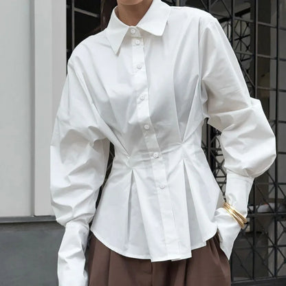 Pure cotton shirt for women, high-end, light luxury, versatile, pleated, waist cinching, slim fit, long sleeved, lapel shirt