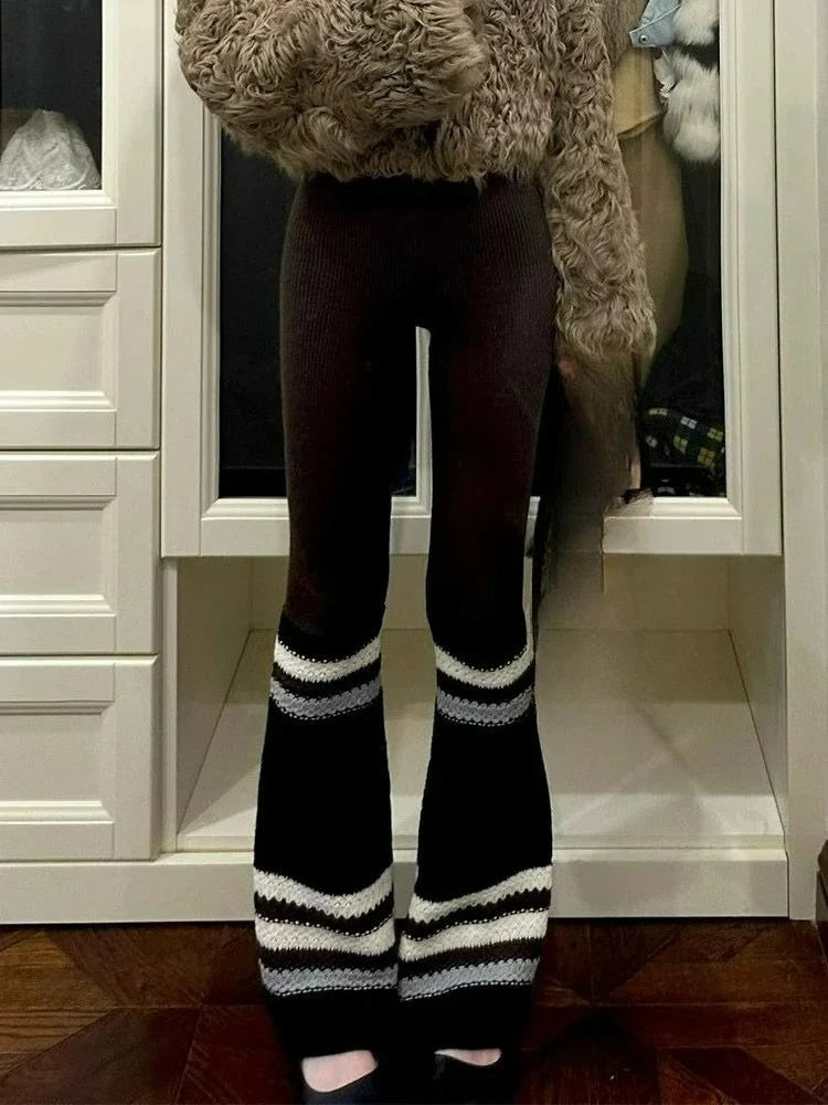 Striped Knitted Micro Flared Pants for Women's Autumn and Winter Casual Versatile Wide Leg Pants