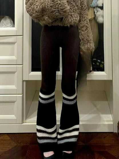 Striped Knitted Micro Flared Pants for Women's Autumn and Winter Casual Versatile Wide Leg Pants