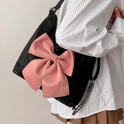 Pink Bow Womens Shoulder Bag Korean Style Fashion Large Capacity Sweet Backpack Cute Exquisite Elegant New Female Tote Bag