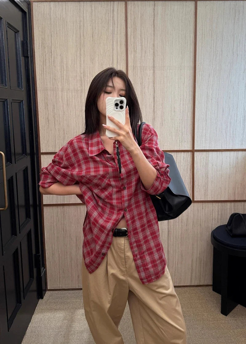 Women's Oversized Check Pocket Detail Shirt