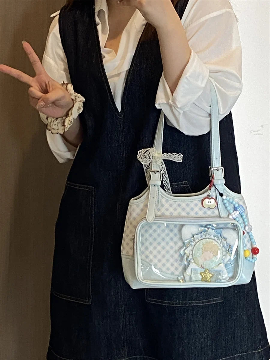 Original Lolita Sky Blue Plaid Small Capacity Transparent Pain Bag 10cm Baby Bag Daily Commuting Class Portable Shoulder Bag