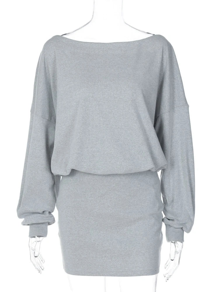 Women's Off-Shoulder Dress Solid Color Long Sleeve Elastic Waist Slim Fit Hip Wrap Mini Dress Fall Fashion Streetwear