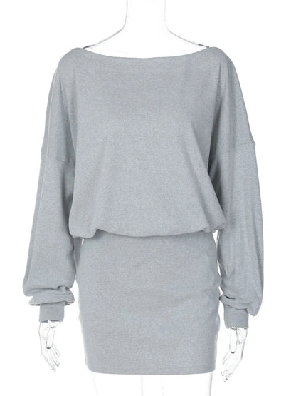 Women's Off-Shoulder Dress Solid Color Long Sleeve Elastic Waist Slim Fit Hip Wrap Mini Dress Fall Fashion Streetwear