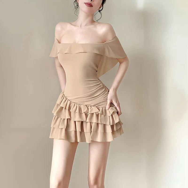 Summer New Women's Clothing One-word Collar Off-the-shoulder Ruffle Leaf Edge Hip-wrapped Cake Dress